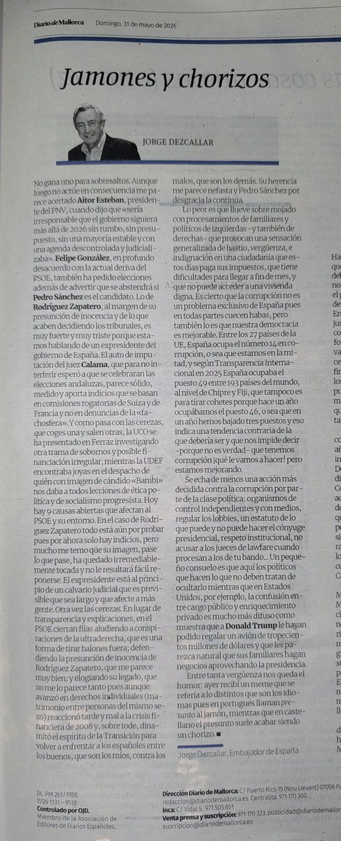 dragibert's tweet photo. Los domingos no serían como son, sin los lúcidos artículos de #jorgedezcallar que llegan donde la IA no alcanza. Sobre la deriva del @PSOE y la #corrupción en España. https://t.co/sk1eRynL2z