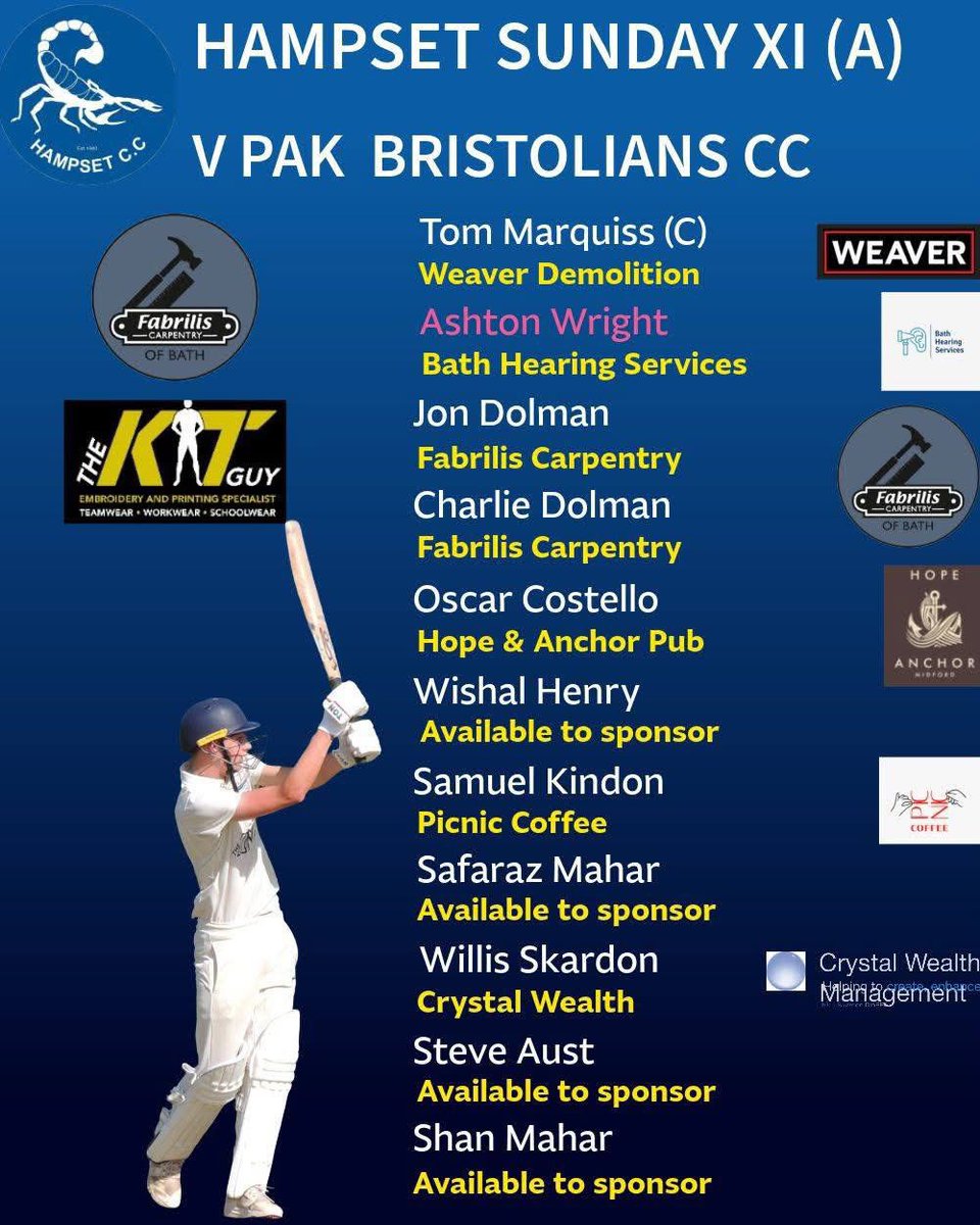 HampsetCC's tweet photo. Sunday XI away vs @PakBristolianCC , all eyes on the team that have been smashing the records for fun so far this season. 

Development XI Home to @winsleycc , in a friendly match nurturing the talent at the club. https://t.co/IHywOgwtXT