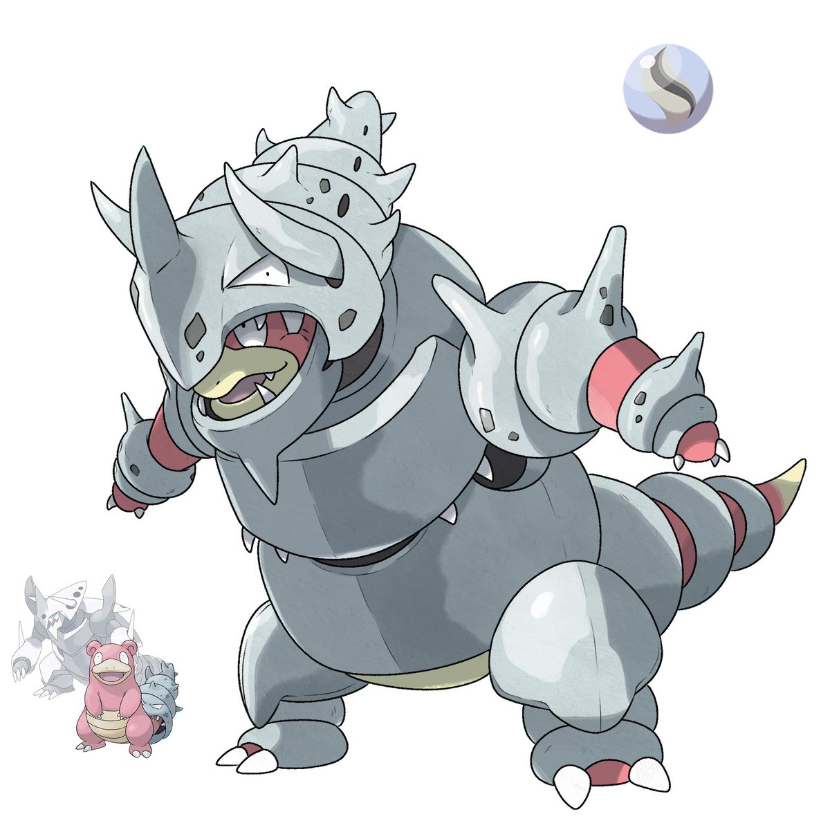 HarambeDex's tweet photo. Another #StoneSwap with two randomly selected Pokémon!

Slowbro × Aggronite has been my favorite stone swap to draw so far. It was a blast designing Slowbro inside a massive suit of armor! https://t.co/tIQwH73mbg