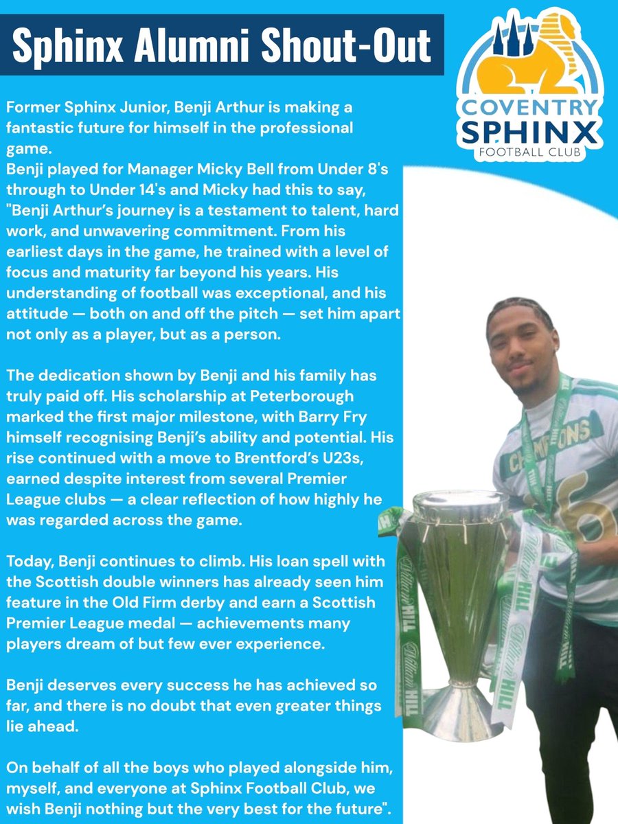 CoventrySphinx's tweet photo. Coventry Sphinx are extremely proud to see another former junior shine on the big stage, with Benji now playing for Celtic. 

A fantastic achievement and a brilliant journey. Well done Benji 💙⚽  
#Coventrysphinx #nonleague #Coventry https://t.co/qkR312CcW8