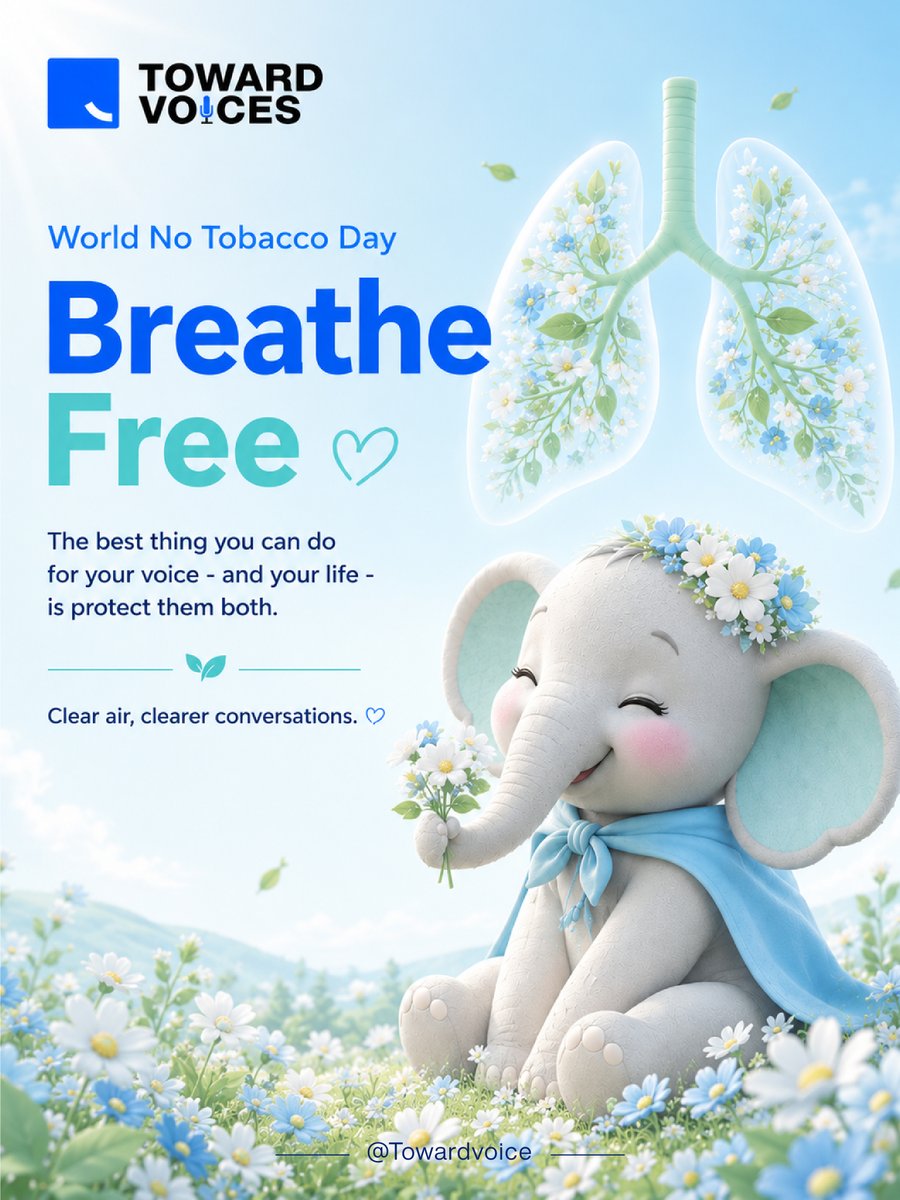 towardvoice's tweet photo. Today is World No Tobacco Day. 🌿

Your voice carries your stories, ideas, and dreams.

The best investment you can make isn't in a market—it's in your health.

Take a step toward cleaner air, stronger lungs, and a future where every conversation matters.

Breathe free. Live fully. 💙

#WorldNoTobaccoDay #BreatheFree #HealthyLiving #TowardVoices