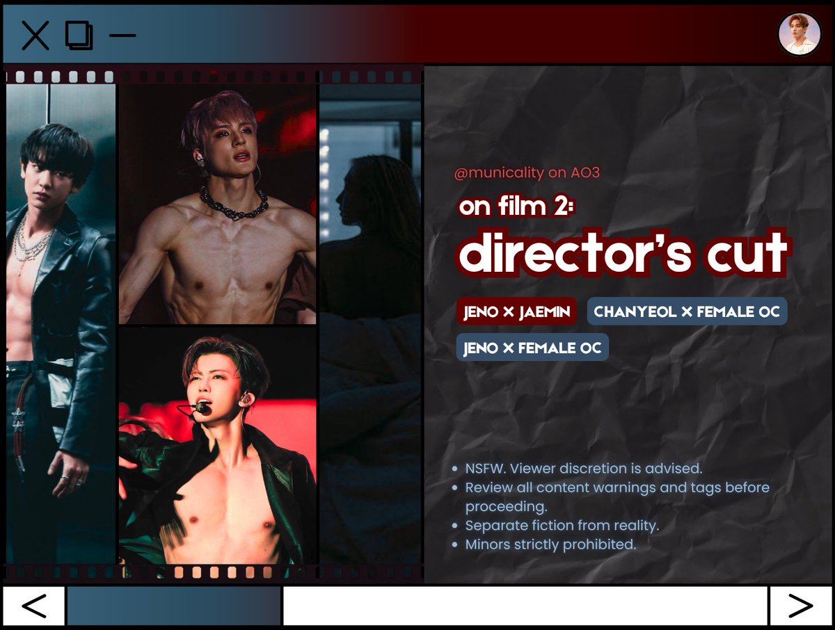 municality's tweet photo. director's cut (on film 2) 🔞

Nang i-blackmail ni Direk Chanyeol sina Jeno at Jaemin upang manatili sa kumpanya, mapanindigan kaya nilang lahat ang mga terms and conditions ng kanilang bagong kontrata?

ao3 link in replies https://t.co/RdBlptIY0N