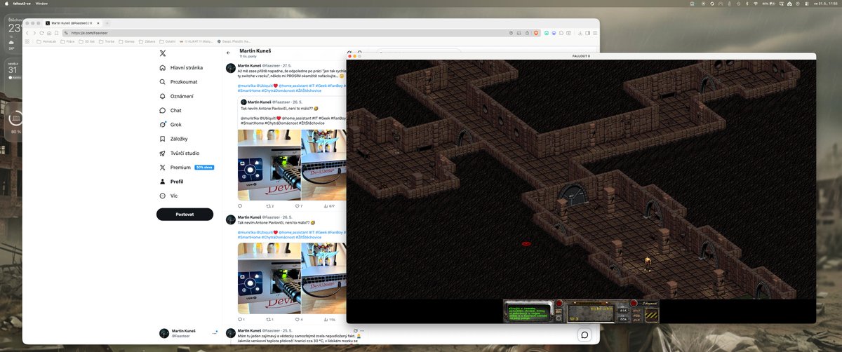 Faasteer's tweet photo. Kdo mě zná, tak ví, že #Fallout2 je pro mě srdcovka. ❤️ 

A když jsem zjistil, že existuje možnost, jak ho spustit pod @Apple #MacOS, nebylo na vybranou. 🤪

@muris1ka #MacBookAir #M5 #RetroGaming #hobby #ŽítŠtěchovice https://t.co/jbXufW4KKb