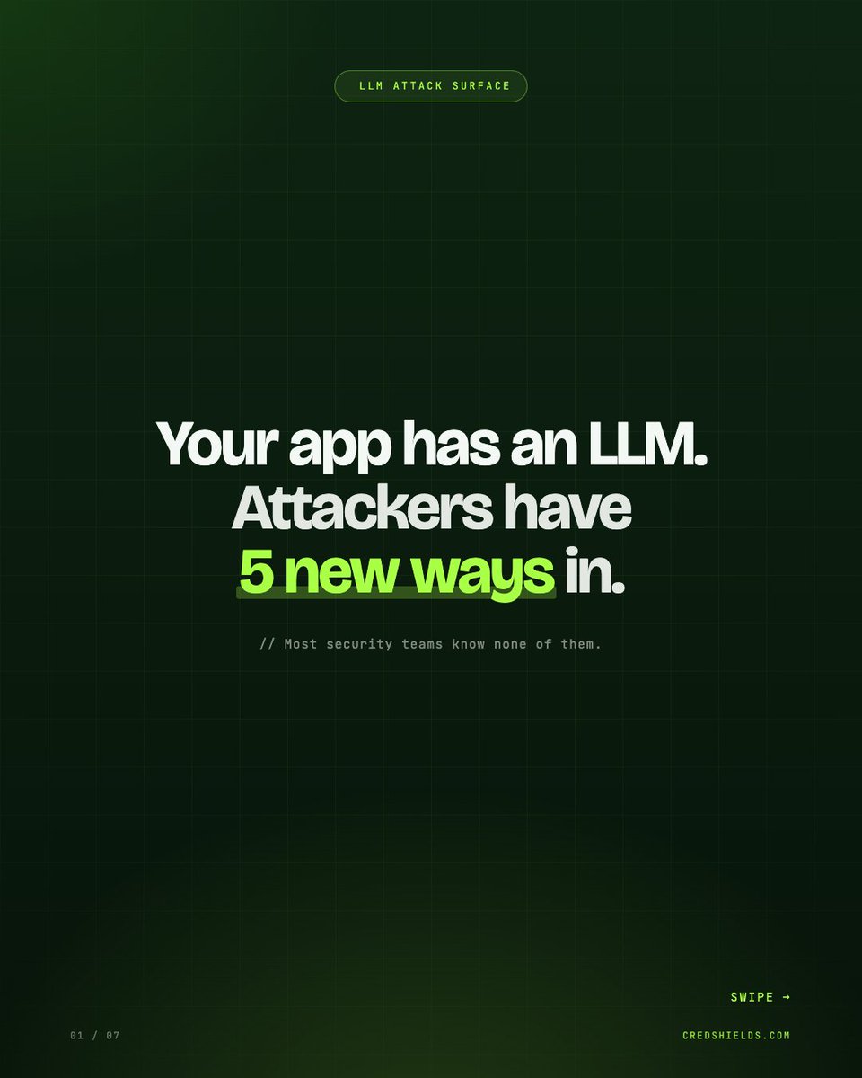 CredShields's tweet photo. Your app passed the pentest.

Your LLM wasn't tested.

Here are the 5 attack vectors living in every AI feature right now and why none of them show up in a standard report. 👇 https://t.co/qpP1JfJCze