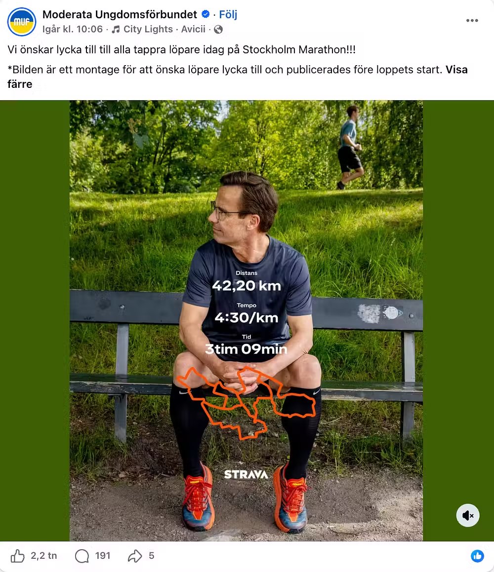 bertilsson86's tweet photo. MUF ville visa att Ulf Kristersson håller "högt tempo" och hittade därför på en maratontid. 
Det säger något om vår tid. När verkligheten inte räcker till skapas en bättre berättelse. 
Problemet är att förtroende byggs på fakta, inte på manipulerad bild. #svpol https://t.co/mLefnuL2xL
