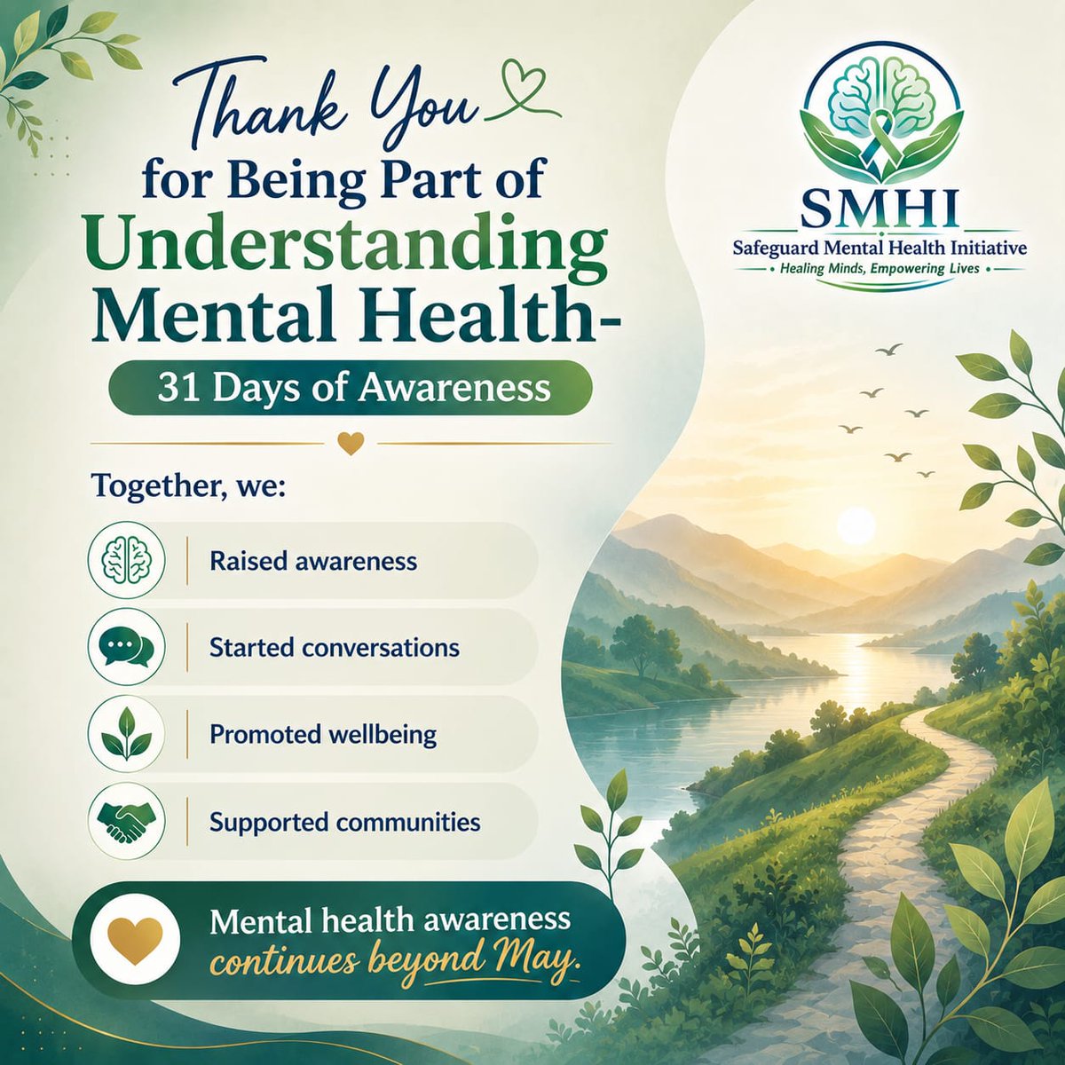 SMHInitiative's tweet photo. Thank you for 31 days of awareness 💚

The conversation doesn’t end here, mental health matters every day. 

#SMHI #MentalHealthAwarenessMonth #HealingMindsEmpoweringLives https://t.co/slJMmwGz67