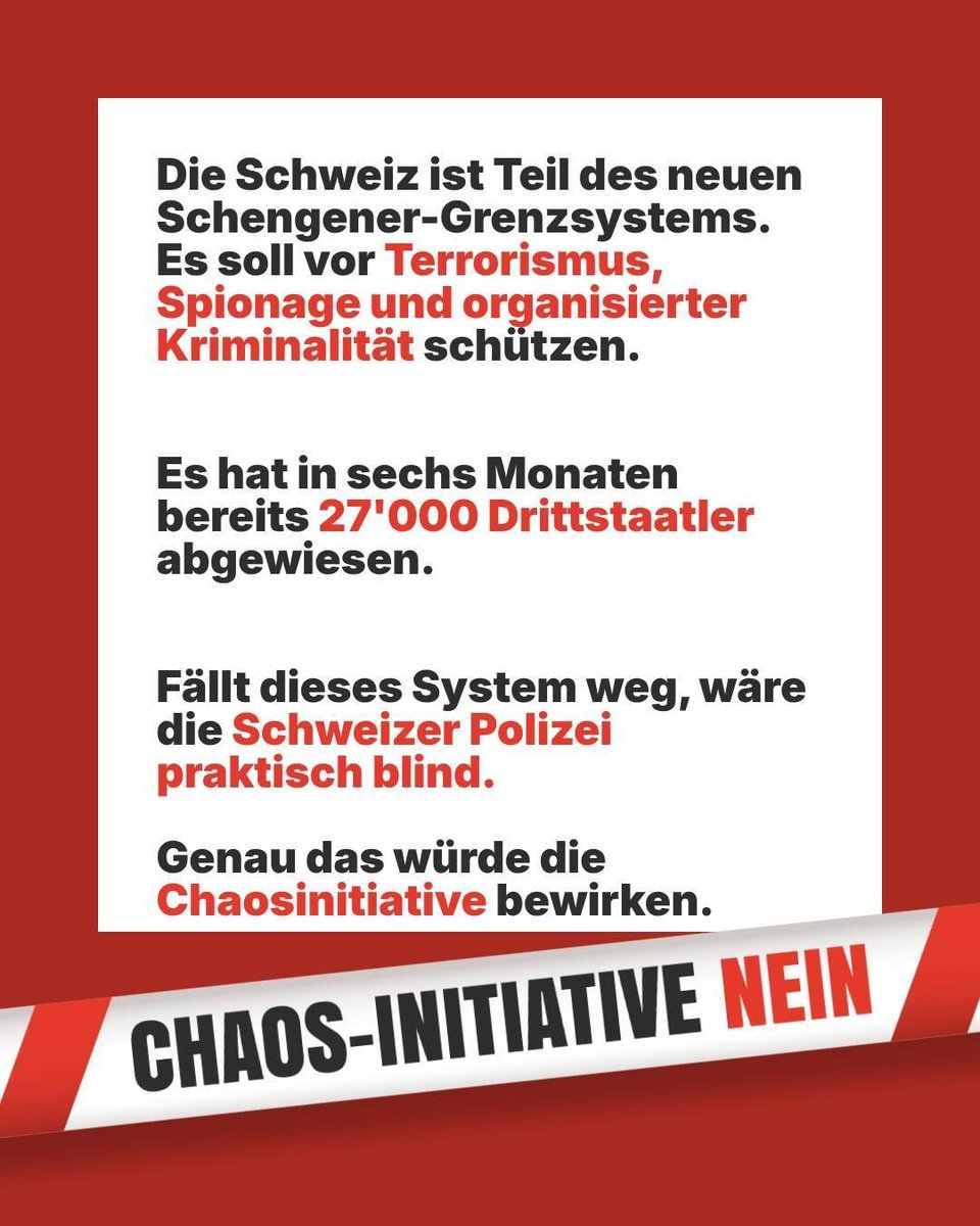 fdp_bern's tweet photo. Das Schengener Grenzsystem schützt die Schweiz vor Terrorismus, Kriminalität und Spionage.
Laut NZZ wurden dank Entry-Exit-System in 6 Monaten 27’000 Personen gestoppt.
Ohne dieses System wäre unsere Polizei praktisch blind.
NEIN zur Chaos-Initiative!
#nachhaltigkeitsinitiative https://t.co/kNEwnQ0oNj