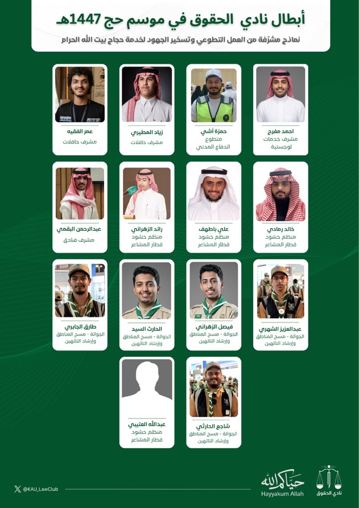 KAU_LawClub's tweet photo. الحمد لله الذي أتم نعمته ووفق عباده لخدمة ضيوفه الكرام🕋

اختُتم موسم حج 1447هـ بفضل الله ثم بدعم قيادتنا الرشيدة وجهود المتطوعين والعاملين الذين بذلوا كل ما في وسعهم لخدمة الحجاج

ونادي الحقوق يفتخر بأعضائه المشاركين بالحج الذين حملوا الأمانة و كانوا عند حسن الظن🤍

#حج_1447هـ https://t.co/BHCa8w7BOO
