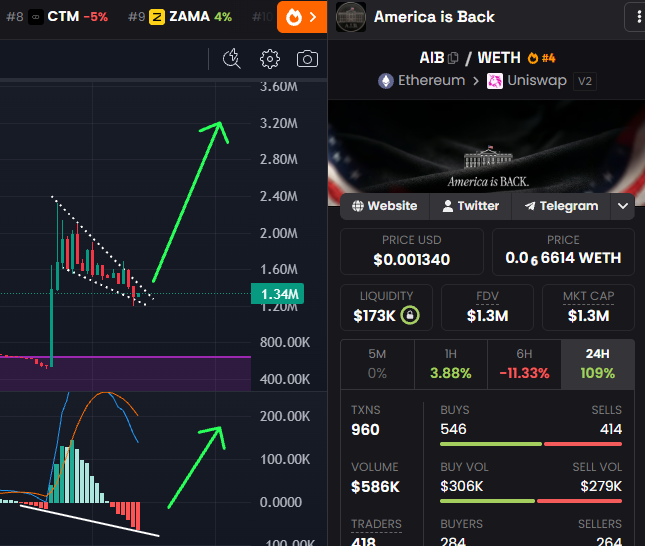 GemMinerXBT's tweet photo. America is Back rally on Wednesday and somehow $AIB is sitting at 1.3m. It's a weekend and market is dry after all, but I expect this to do big numbers soon 📈

This is where MAGA moves to AIB, the new movement. Insanity incoming imo 💎

0xB3A0F70c913Aa04404BD177BE9E20B47613830B6 https://t.co/2BIICnRO34