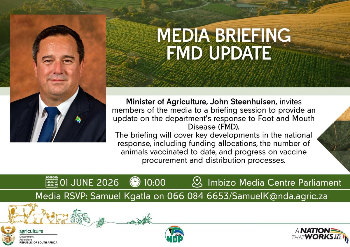 DOAgov_ZA's tweet photo. 📢 MEDIA BRIEFING ALERT | #FMDUpdate
Minister John Steenhuisen will provide an update on South Africa’s response to Foot and mouth disease (FMD), outlining key developments in the national response.
The briefing will cover:
✅ Funding allocations;
✅ The number of animals vaccinated to date; and
✅ Progress on vaccine procurement and distribution.
📅 01 June 2026
⏰ 10:00
📍 Imbizo Media Centre, Parliament, Cape Town
Tune in live here: 🔗https://t.co/T5rG4keta7
🔎Ready: 🔗https://t.co/4ye0bDHX75
Stay informed as government continues to strengthen efforts to protect livestock, safeguard livelihoods, and support food security. 🇿🇦🐄
#StopFMD #FMDVaccineDrive #ProtectOurLivestock #EveryFarmerCounts #VaccinateAgainstFMD #GovZAUpdates #ANationThatWorksForAll @GovernmentZA @GCISMedia @jsteenhuisen