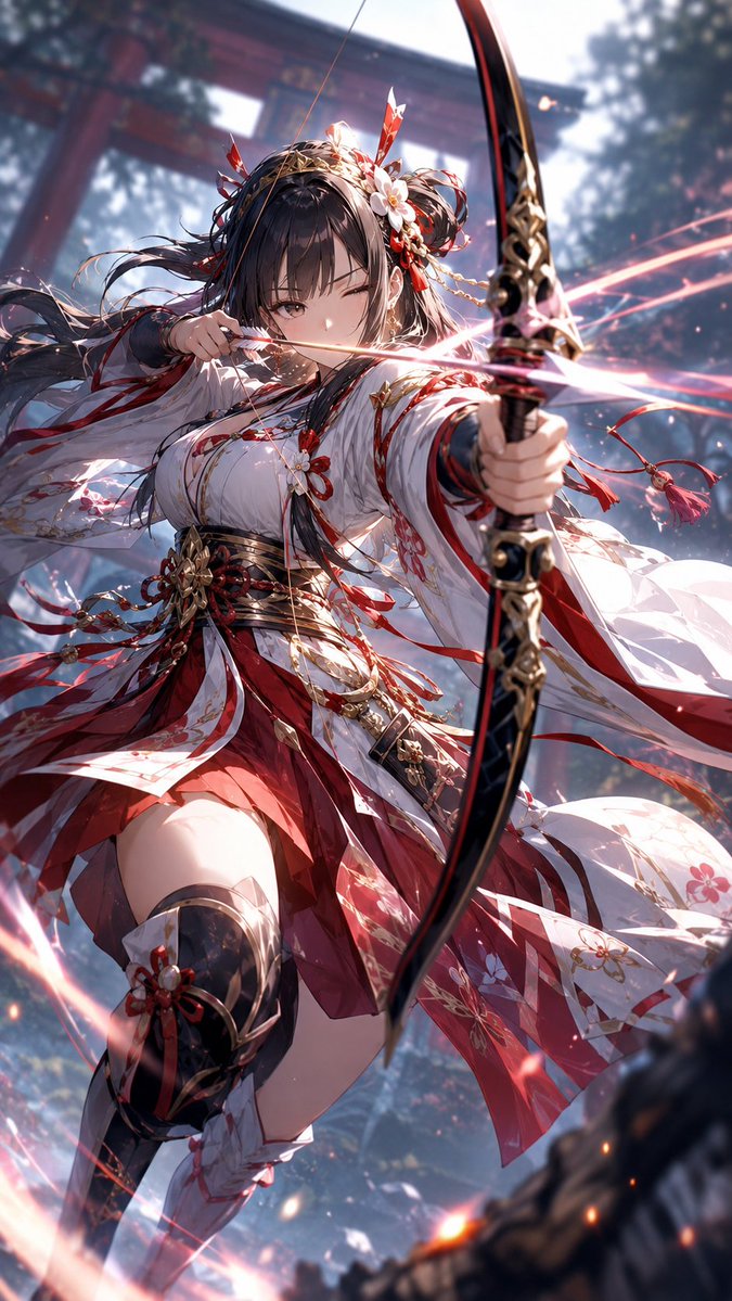 LowAngleMuse's tweet photo. 【低アングル異世界｜弓使い二択】
【Low Angle Isekai｜Archer: A/B】
森の奥で、魔物の群れが動き出した。
前衛が崩れる前に、遠距離から仕留める弓使いが必要だ。

A：破魔弓の巫女
「穢れは、矢の届く前に祓います。」
B：王国の狙撃弓兵
「一射で終わらせます。次の敵を探してください。」

あなたの隊に迎えるなら、A派？B派？
#AIイラスト #AIart