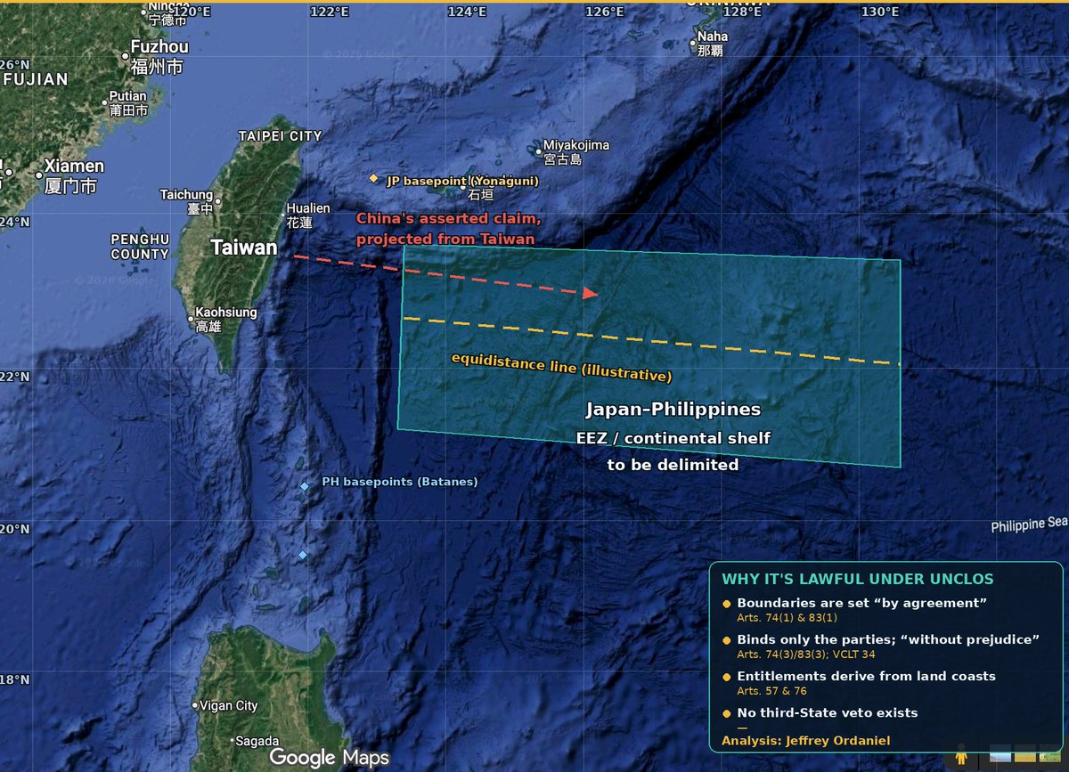 JeffreyOrdaniel's tweet photo. China calls the Japan–Philippines maritime boundary talks “illegal, null and void.” UNCLOS says otherwise.

Articles 74(1) and 83(1) of UNCLOS provide that EEZ and continental shelf boundaries between States with opposite or adjacent coasts “shall be effected by agreement” based on international law, to achieve an equitable solution. Negotiation is, therefore, not some unlawful maneuver. It is the very process UNCLOS expects coastal States to pursue. What UNCLOS does not permit is the use of coercion to impose excessive or unlawful maritime claims.

The maritime space at issue is generated by Japanese and Philippine land territories: the Nansei/Sakishima island chain on Japan’s side, and Batanes and Luzon on the Philippine side. Under UNCLOS, maritime entitlements flow from land coasts, not from arbitrarily drawn dashed lines or domestic legislation.

China’s objection ultimately depends on its claim over Taiwan — which, IN REALITY, IS NOT UNDER PRC's effective control. But even taking Beijing’s position at its highest, China would be, at most, a potential third party whose claimed interests may be reserved. It would not become a gatekeeper over Japan–Philippines delimitation talks.

China may state its position and reserve whatever rights it believes it has. What it cannot do is manufacture a veto. The talks are lawful. Beijing’s “null and void” claim has no serious basis. 

(Google Map and @AsiaMTI screenshots for illustrative purposes only)