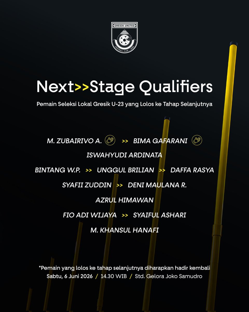gresikutdFC's tweet photo. NEXT>>STAGE QUALIFIERS!

Selamat kepada pemain Seleksi Lokal Gresik U-23 yang berhasil melaju ke tahap selanjutnya.

*Bagi yang lolos ke tahap selanjutnya diharapkan kembali hadir pada Sabtu, 6 Juni 2026 | 14.30 WIB | Stadion Gelora Joko Samudro

#GresikUnited #LaskarJokoSamudro https://t.co/DSgQWzWR66