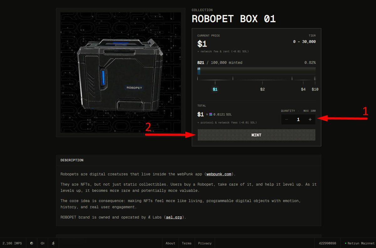 bufanBTC's tweet photo. Netrun 上线 ROBOPET BOX Mint 了，这类带 TGE 倍率属性的 NFT 最近讨论还挺多。ROBOPET 后续还能随着游戏进度升级，等级也会影响后面的价值。

参与很简单：

进入官网连接钱包
输入数量后 Mint NFT

链接：https://t.co/ztpY4M2bAR https://t.co/hCJvpMxuWP