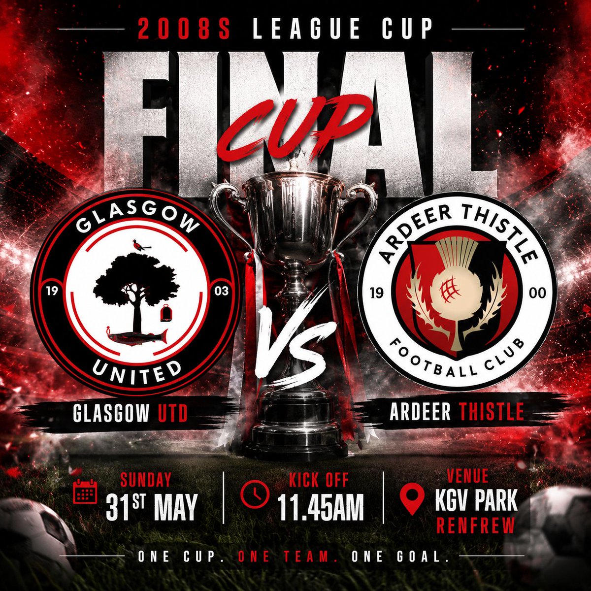 2008United's tweet photo. Today we compete against @ardeerthistle.2008 for the league cup trophy 🏆  in today's FINAL , wish us luck folks 💪🏻🙏🤞🏻🏆, &amp; if you fancy coming along details are on the pic below .

MON THE GLASGOW 
🔴⚪️⚫️ https://t.co/1KSc7UmLvm