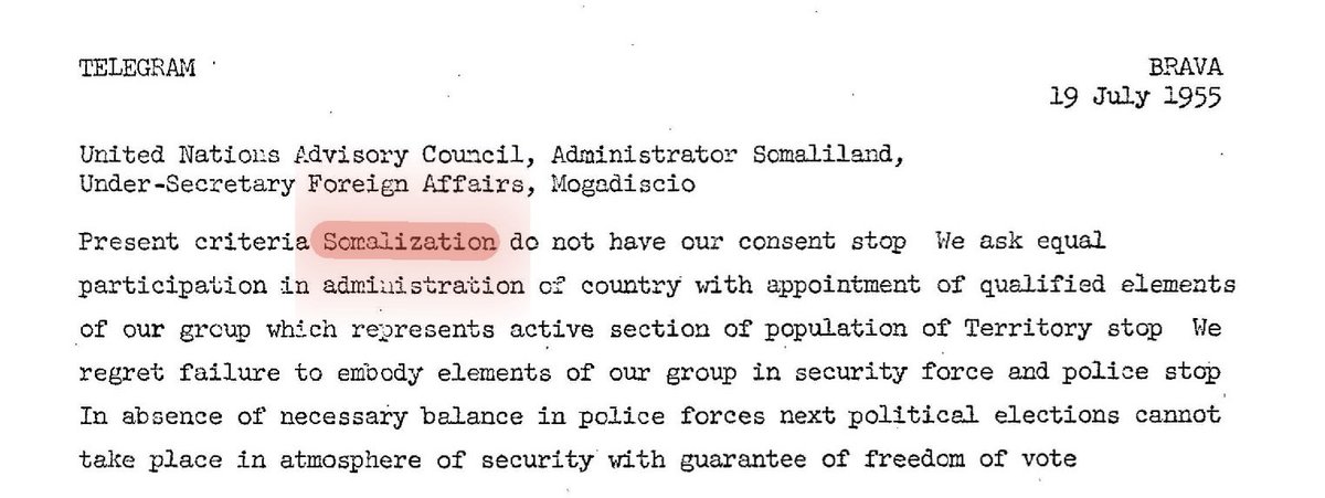 kadnaani's tweet photo. Every archive Docs debunks #Somalian baseless claim of having One culture, language, nation etc.
In 1955 #SOMALIZATION rejection telegram sent from somalia to the UN so, are those other enthnic groups still within the "One Somalia" or they can be found only in the history books? https://t.co/asfZ7jndcD