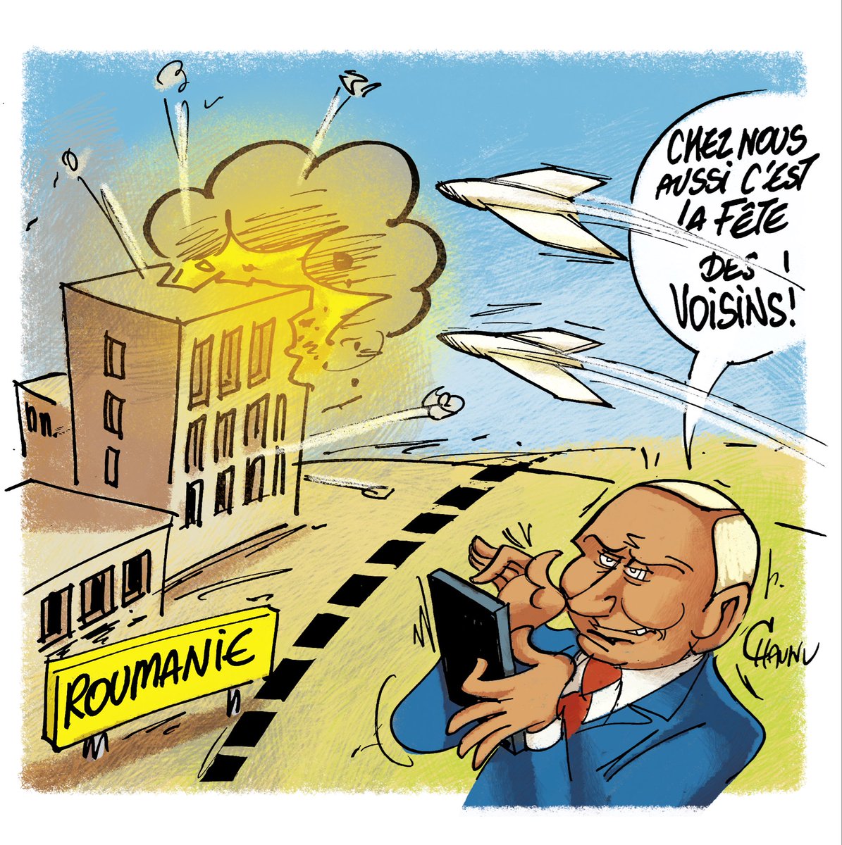 EmmanuelChaunu's tweet photo. ✏️ mon #dessin pu lié aujourd’hui dans @_lunion chute de drone russe en Roumanie #poutine #fetedesvoisins https://t.co/Mpjq7923ah