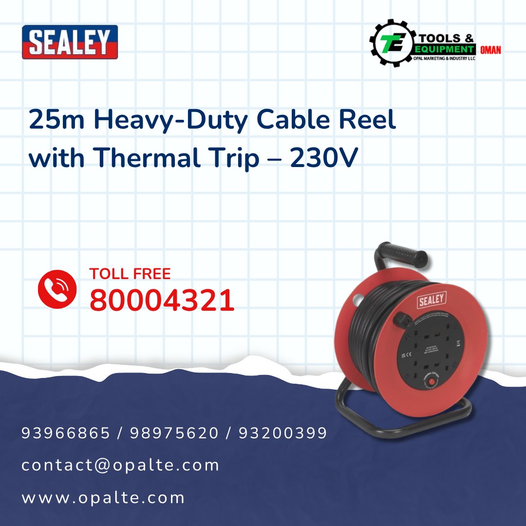 OpalTools's tweet photo. 25m Heavy - Duty Cable Reel with Thermal Trip - 230V
بكرة كابل شديدة التحمل بطول 25 مترًا مزودة بمفتاح فصل حراري - 230 فولت
#toolsandequipments #Muscat #Oman https://t.co/mrlRmVv1qm