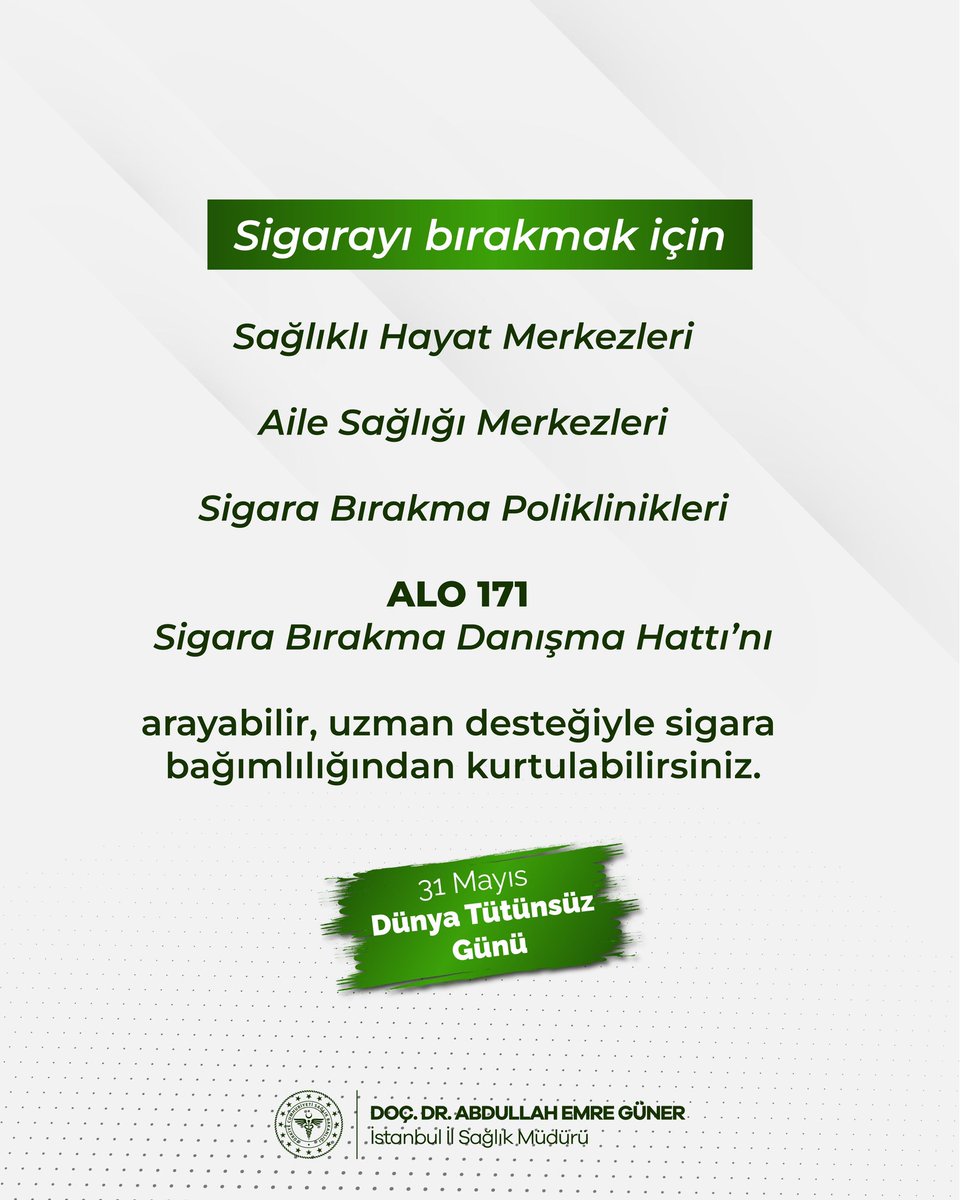 dr_aemreguner's tweet photo. ✅ Bırakmak için en doğru gün bugün.

Sağlıklı bir nefes ve tütünsüz bir gelecek için;

🔹 Sağlıklı Hayat Merkezlerine,
🔹 Aile Sağlığı Merkezlerine,
🔹 Sigara Bırakma Polikliniklerine başvurabilir,

📞 ALO 171 Sigara Bırakma Danışma Hattı’nı arayarak uzman desteği alabilirsiniz.

Tütünsüz bir yaşam için ilk adımı bugün atın.

#DünyaTütünsüzGünü