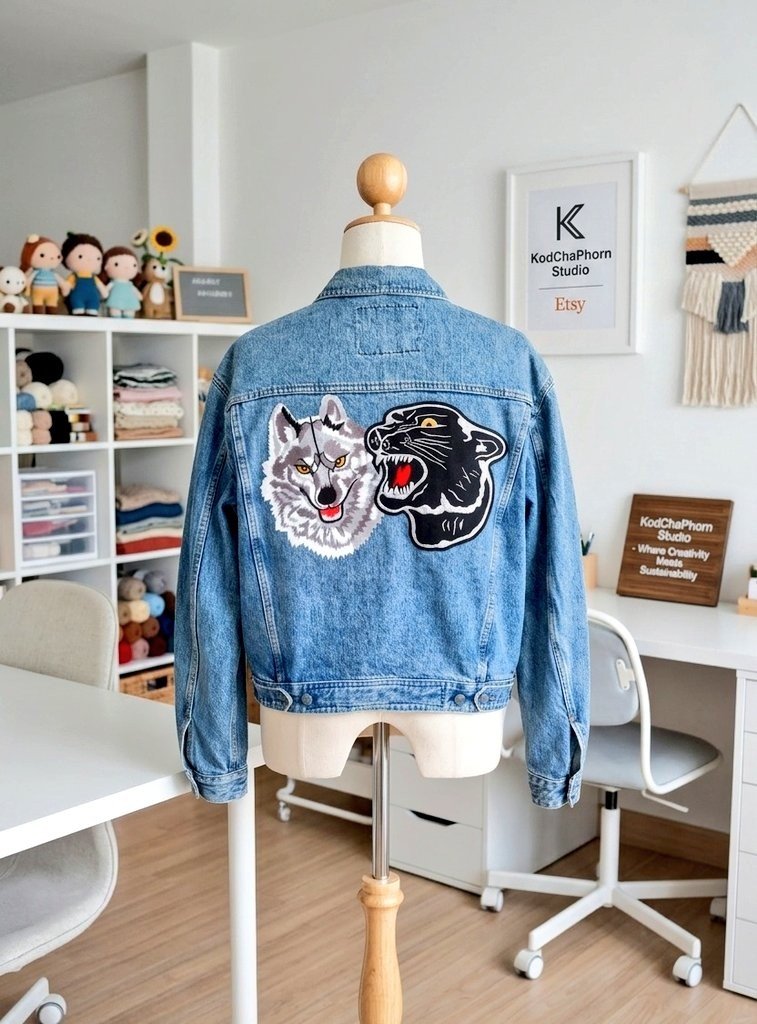 JoylyAI's tweet photo. Not perfect. Just perfectly unique ✨🧵 
Vintage denim &amp; camo jackets with stories to wear 💙

Shop link in bio ✨️ 

#KodChaPhornStudio #etsy https://t.co/uBpfII4G79