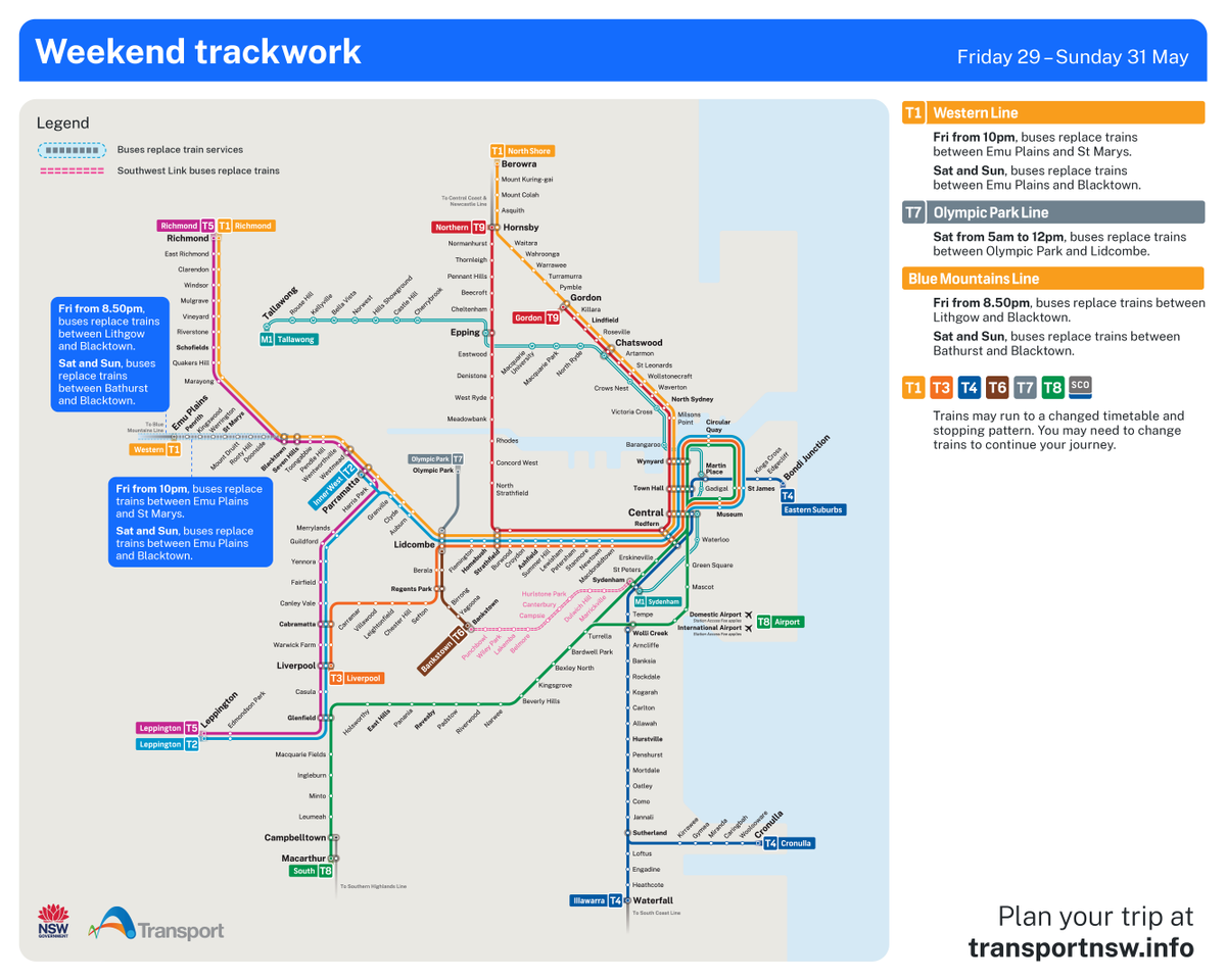 T1SydneyTrains's tweet photo. Are you travelling on the #WesternLine this weekend?
π #Trackwork buses replace trains between Emu Plains and Blacktown.
π Trains run to a changed timetable between Richmond, Blacktown and the City.
More info: https://t.co/8l1Ioo9R4R https://t.co/mCgTcYjcpN