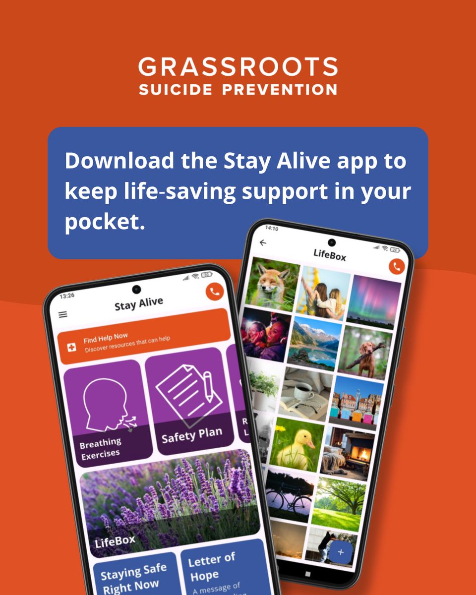GrassrootsSP's tweet photo. #StayAliveApp, our award-winning suicide prevention app puts practical, life-saving support directly into people’s pockets.

Download the Stay Alive app for resources, practical tools, and ways to support your wellbeing:
🔗 https://t.co/tDkEOzK0Uz

#SuicidePrevention https://t.co/4D3zn4VbpV