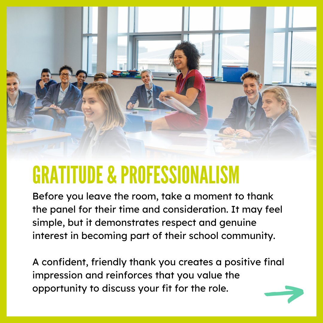 ukteachofficial's tweet photo. How will you end your interview?
The final few minutes can make a big impact 💼
Summarise your strengths, ask thoughtful questions and finish with confidence.
For more tips head to https://t.co/WfF2A7yS6k 🔍💬 https://t.co/mP5yFdIa58