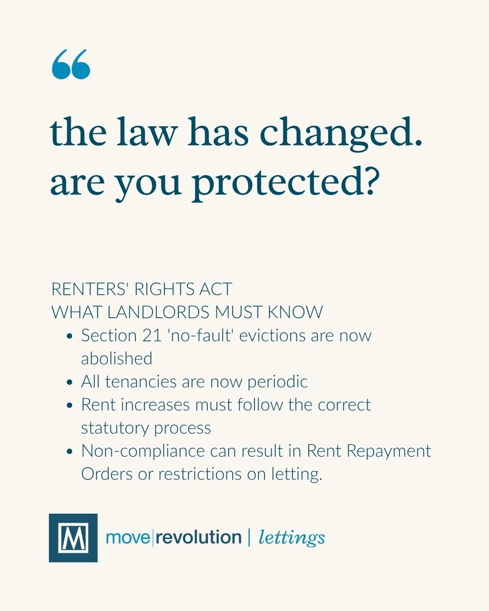 moverevolution's tweet photo. Landlords: the Renters’ Rights Act is now in force.

Section 21 has been abolished, tenancies have changed, and rent increases must follow the correct statutory process.

Move Revolution Lettings can help you stay informed, compliant and confident.

Call 01737 888220. https://t.co/567CMqakkB