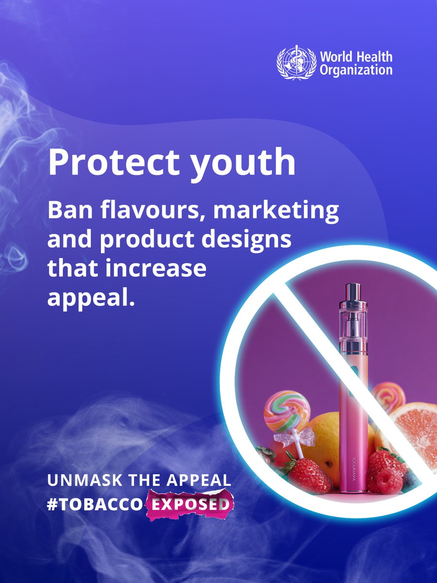 WHO's tweet photo. Gen Z is outperforming adults in one category, and it's not the one anyone's celebrating. 

Vaping.

Big Tobacco learned something decades ago: hook them young, keep them forever.
Vaping isn't a new product.
It's the same playbook with better packaging.

Governments can fix this. 
🙅‍♂️ Ban the flavours.
🙅‍♂️ Ban the marketing.
🙅‍♂️ Ban the designs built to hook kids.

Learn more 👉 https://t.co/17z9DdZlZ2 #TobaccoExposed #WorldNoTobaccoDay 🚭