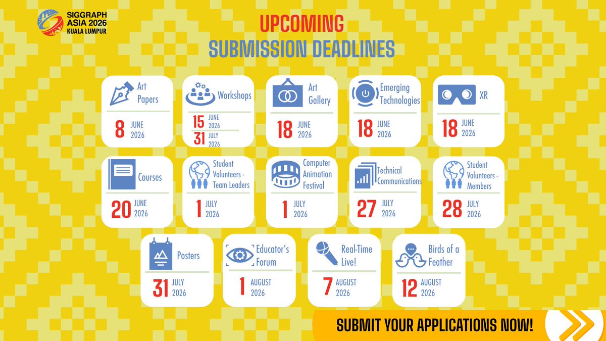 SIGGRAPHAsia's tweet photo. 📣 #SIGGRAPHAsia2026 submission deadlines are approaching!

Submit your work across Art Papers, XR, Workshops, Posters, Courses, and more.

📍 1–4 Dec 2026 | Kuala Lumpur

🔗 https://t.co/yiaolpwcu2

#WeavingTheFuture #CallForSubmissions #ComputerGraphics #SIGGRAPHAsia https://t.co/oRvMK09DlD
