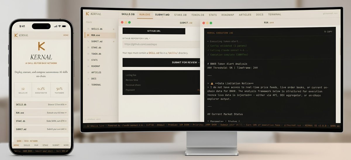 gitkernal's tweet photo. After a week of building, refining, and putting every piece into place, we're finally ready to showcase what we've been working on behind the scenes.

📱 On the left is the GitKernal mobile experience providing quick access to AI skills, staking, monitoring, and network activity anytime, anywhere.

🖥️ On the right is the full GitKernal OS experience a desktop environment where users can discover skills, submit their own AI agents, execute workflows, and interact through a terminal designed for autonomous execution.

GitKernal is building, where AI skills can be accessed and executed more easily than ever before.

For users.

For builders.

For the future of autonomous AI.

The table is set.

Take a seat and enjoy what we've been building behind the scenes.

https://t.co/gnmjokGHtL

👨‍🍳 Welcome to GitKernal and HAPPY WEEKEND!