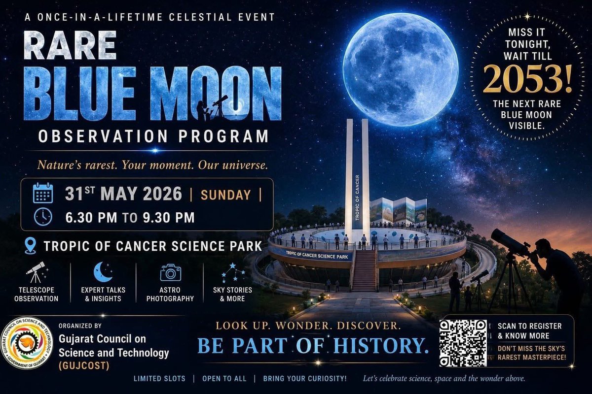 cscporbandar's tweet photo. Rare blue moon observation program at tropic of cancer science park today.
Miss it tonight wait till 2053.
Look up and fill nature rarest moment today.
@arjunmodhwadia @narottamsahoo @InfoGujcost @CMOGuj @dstGujarat @RSCRajkot @DrSumitVyas1 https://t.co/YR5jtDH5Mm