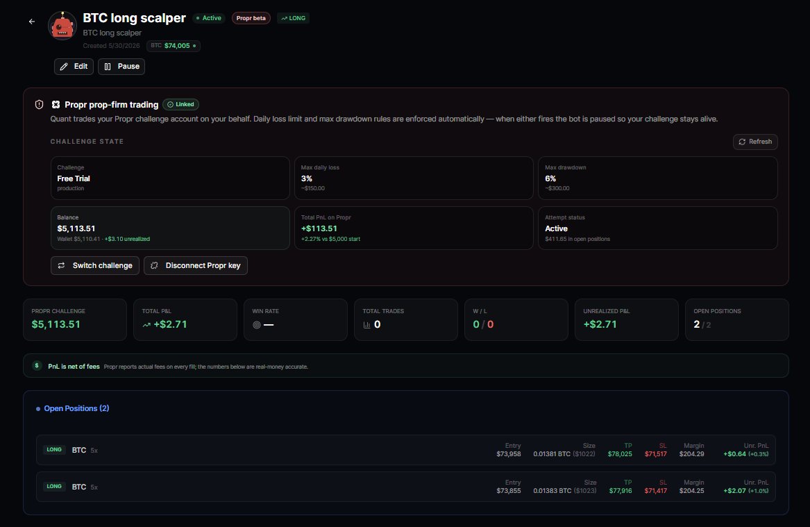 SyotoshiX's tweet photo. GM! Been checking out @MyQuantgg these past few days

If you are on @ProprXYZ but haven't checked out Quant yet you should!

They integrated Propr so you can create automated strategies using backtested data to find your own profitable strategy & try to pass a challenge

Imagine getting funded on auto-pilot!

It's great fun to play around with
https://t.co/EugroNVhyV