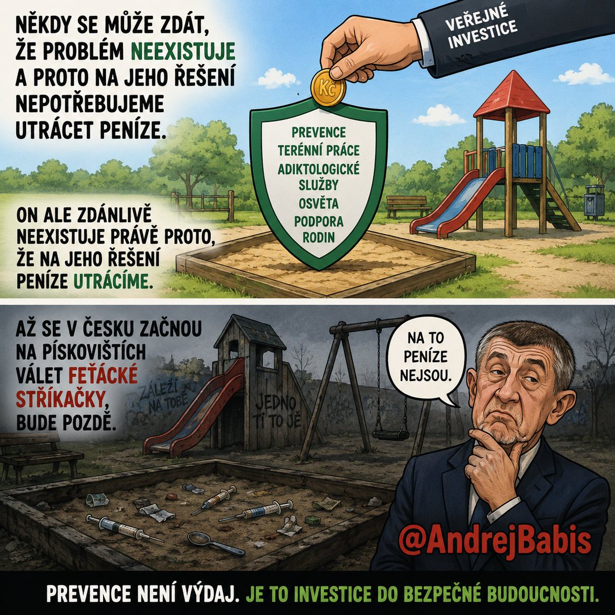 DanielHule's tweet photo. Někdy se může zdát, že problém neexistuje a proto na jeho řešení nepotřebujeme utrácet peníze.

On ale zdánlivě neexistuje právě proto, že na jeho řešení peníze utrácíme.

Až se v Česku začnou na pískovištích válet feťácké stříkačky, bude pozdě @AndrejBabis https://t.co/MKulj3Fzyv