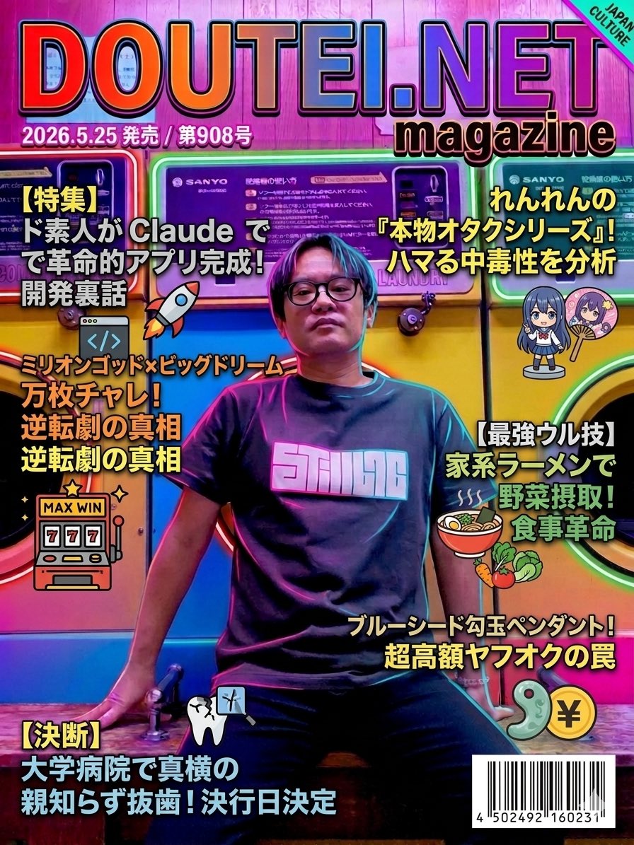douteinet's tweet photo. さぁて今週の童貞ネットは？

・ド素人が話題のClaudeを使ったら数日で革命的アプリが完成してしまった話
・ミリオンゴッドとビッグドリームで万枚チャレンジをしたら財布が空っぽになった後どんでん返しが待っていた話
・れんれんの本物のオタクシリーズにハマりまくってる話
・普通に食事するより家系ラーメン食べた方が野菜を摂取出来るウル技を発見した話
・ブルーシードの勾玉ペンダントが超高額でヤフオクに出品されてて手が出ない話
・大学病院で真横に生えたヤバイ親知らずを抜く日を決定した話
などを中心に語っております！

5月の最終日は雑談系ポッドキャストを聴いて6月に備えろ！

第908回 ド素人が話題のClaudeを使ったら数日で革命的アプリが完成してしまった話 2026.5.25放送分

🍎Apple Podcast
https://t.co/P262IbBY3D

🛜Spotify
https://t.co/vQX0cnidCv