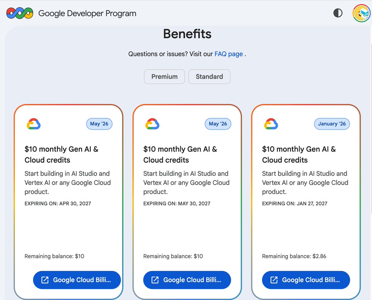 hqmank's tweet photo. If you pay for Google AI Pro, don't forget to claim it:

🎁$10/month in Google Cloud credits — usable on Vertex AI &amp; the Gemini API for your AI projects.

Not automatic. Redeem it manually or it expires.

Link below 👇 https://t.co/5eApdtqwtN
