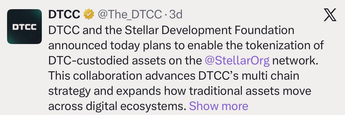 IOfflin3's tweet photo. كان الأمر متوقعاً إلى حد كبير؛
اختارت DTCC شبكة ستيلر $XLM لتمكين توكنة أصولها المودعة (مثل الأسهم والصناديق المتداولة ETFs وسندات الخزانة الأمريكية) مباشرة على شبكة Stellar DLT العامة.

أتحدث هنا عن أصول بقيمة تزيد عن 100 تريليون دولار سيتم ترميزها عبر عدة شبكات DLT، وأصبحت ستيلر واحدة منها الآن.

خبر كبير لـ XLM 👏🏻