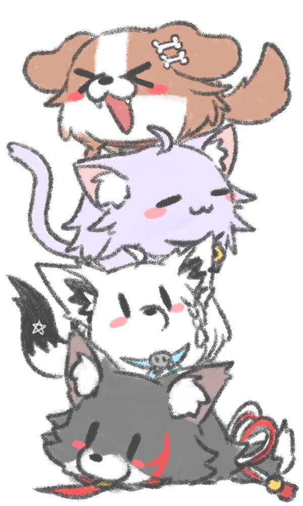 戌神ころね ,猫又おかゆ ,大神ミオ ,白上フブキ 「#みおーん絵 #絵フブキ #絵かゆ #できたてころね」|裕司‧威爾斯(ウェルシュ)のイラスト