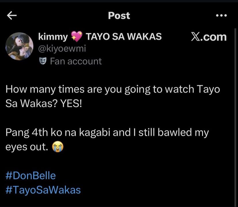 StarCinema's tweet photo. "How many times are you going to watch Tayo Sa Wakas?" - "YES"

Sulitin na ang weekend with your loved ones! Get your tickets now at https://t.co/BDEpBqVQ8v 🎟️

#TayoSaWakas — a 33rd anniversary offering from Star Cinema and a film by Cathy Garcia-Sampana.
NOW SHOWING https://t.co/2xTjp0dS6P