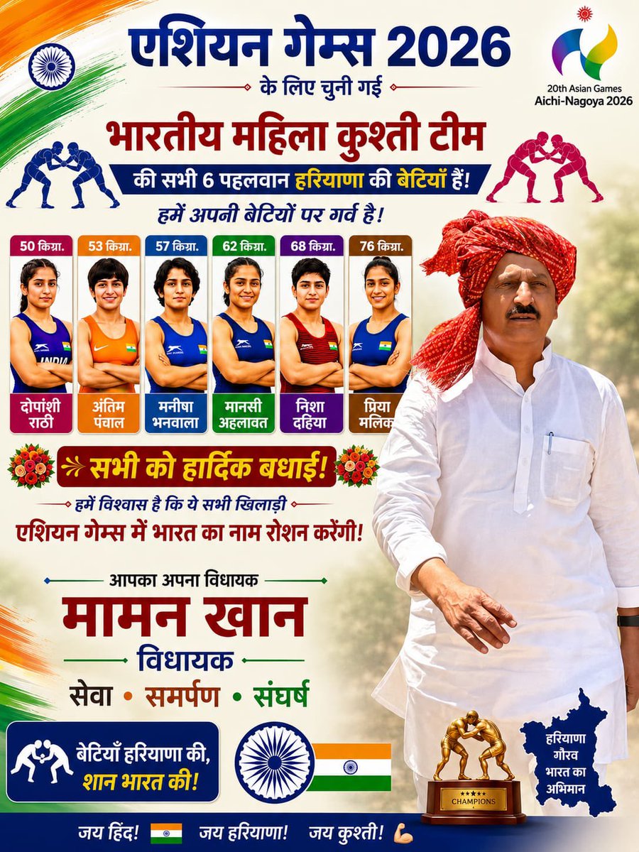 ErMammanKhan's tweet photo. हरियाणा की बेटियां एक बार फिर देश को गौरवान्वित क���ने जा रही है। 🇮🇳

एशियन गेम्स 2026 के लिए भारतीय महिला कुश्ती टीम में सभी छह स्थानों पर हरियाणा की बेटियों ने अपनी जगह बनाई है। यह उनकी कड़ी मेहनत, संघर्ष का परिणाम है, ��ाथ ही हरियाणा की समृद्ध खेल संस्कृति का भी प्रमाण है। https://t.co/cwh1DiDTM7