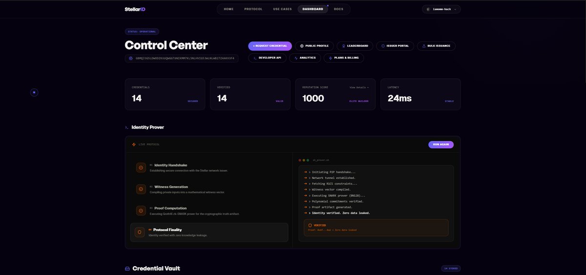 StellarID_'s tweet photo. 1/8 
StellarID is LIVE! 🚀
I'm building the decentralized trust layer for the @StellarOrg  network.
Secure on-chain identity anchors combined with zero-knowledge cryptography to verify credentials without leaking data. https://t.co/XrQGwHcVzx