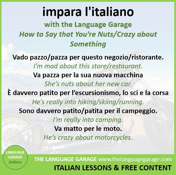 GarageItalian's tweet photo. Va matto per le moto. He’s crazy about motorcycles. #Italian for likes and interests. #LearnItalian #ItalianVocabulary. Visit us to learn more. https://t.co/Jn1jzP6CZ3 https://t.co/TP91spBqG6