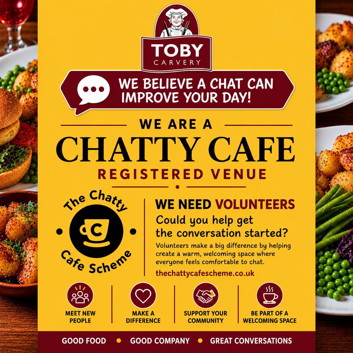 chattycafe's tweet photo. We are delighted to welcome venues all around the UK from Toby Carvery, Stonehouse and Harvester. We need volunteers also! 💛 https://t.co/xUmAu8wUu1
