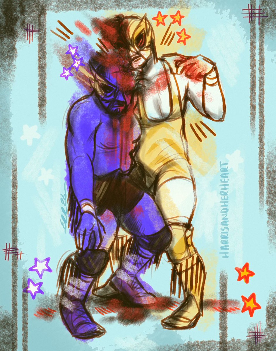 Siyrehn's tweet photo. Had to immortalize the match of the year. 🔥 Incredible work from everyone involved in this rivalry. Y'all should be very proud of yourselves. ✨💪

------

#elgrandeamericano #aaawrestling #luchalibre #illustration #wwefanart https://t.co/e64sMZriVc