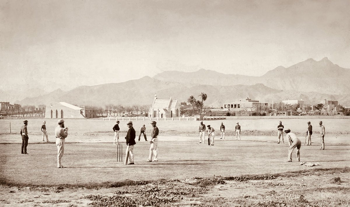 WG_RumblePants's tweet photo. This is thought to be of the earliest photographs of cricket in India and was was taken by Major Keyes of the 1st Punjab Infantry in the 1860s. It shows British officers playing on the parade ground in Kohat, which is now in Pakistan. https://t.co/FVjkIzI6ff