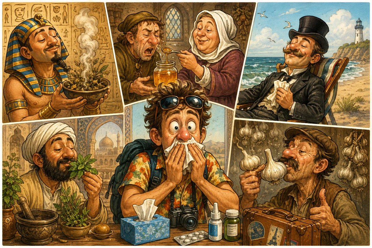MarkDavidPod's tweet photo. Before antihistamines, travelers tried everything from burning herbs in Ancient Egypt to eating honey in Medieval Europe and even escaping to the seaside in Victorian times. Some remedies were surprisingly sensible. Others… not so much. https://t.co/LmAF2J4KQC