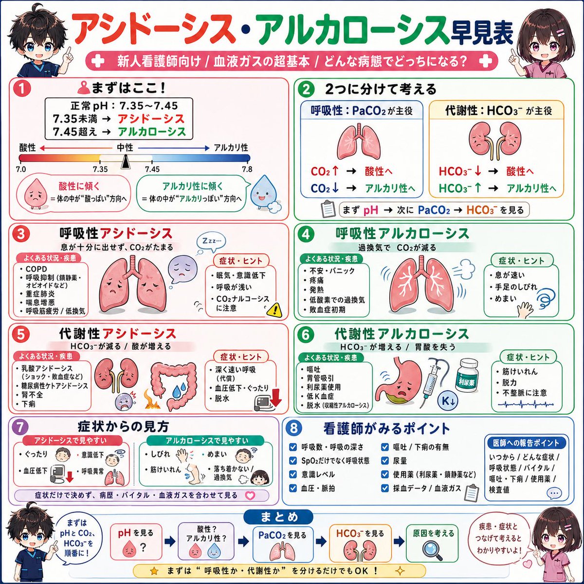 fukro_ganpura's tweet photo. 新人看護師さん頑張れ！ということで、看護師みんなつまづいて、そのまま放置しがちな「酸・塩基平衡」です。

あくまで初歩的な話ですが、まずはこれだけ頭に入れておけば少しは安心…かも。 https://t.co/JezxZGMvtx