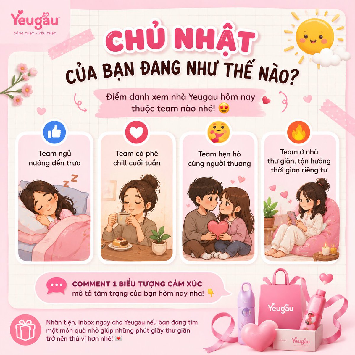 Yeugau2's tweet photo. 🌞 Chủ nhật của bạn thuộc team nào?
👍 Ngủ nướng đến trưa
❤️ Cà phê chill cuối tuần
🥰 Hẹn hò cùng người thương
🔥 Ở nhà thư giãn
Yeugau chúc bạn có một ngày cuối tuần thật vui vẻ và tràn đầy năng lượng! https://t.co/dnZGNwSRcA