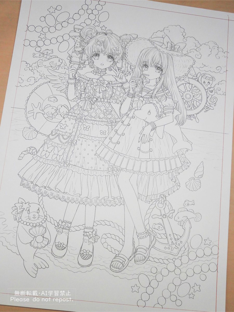 パールとアクアマリンの線画です。 #wip