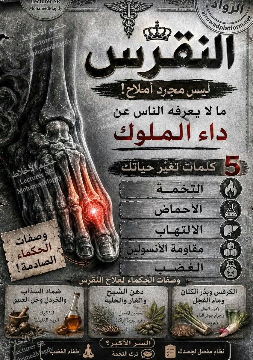 Trendingvideo22's tweet photo. النقرس مش مجرد أملاح… هو داء الملوك وعقاب التخمة!

وكانوا يرون أن القدم لا تلتهب وحدها… بل تتكلم بدلًا من الجسد كله.

📜 ابن سينا وصفه كمرض:
ينشأ من فضول الدم والصفراء المحترقة… ثم تترسب كالنار داخل المفاصل.

أما بعض المخطوطات القديمة فكانت تقول: النقرس قيدٌ يُكسر به كبرياء الجسد.

العجيب؟
ارتباطها ب حمض اليوريك، والالتهاب، والأكسدة، ومقاومة الأنسولين، ومرض الكبد الدهني.

بينما الحكماء قالوا من قرون: داء التخمة والغضب.

علامات خطيرة لا تتجاهلها:
▪️ألم مفاجئ بإبهام القدم
▪️تورم وسخونة شديدة
▪️احمرار كأن المفصل يحترق
▪️ثقل بعد اللحوم والعزومات
▪️نوبات ليلية توقظك من النوم

🌿 ومن أغرب وصفات القدماء:

▪️ضماد السذاب والخردل وخلّ العتيق لتفكيك الريح الغليظة
▪️دهن الشيح والغار والحلبة لتسخين المفصل وطرد البرودة الراكدة
▪️الكرفس وبذر الكتان وماء الفجل لإدرار البول وإخراج جوهر الداء

لكن السر الأكبر؟
لم يكن في الدهان فقط…

بل في:
نظام مفصل لجسدك
قلة الأكل
وترك التخمة
وإطفاء الغضب

لأن بعض الأوجاع…
لا تبدأ من القدم…
بل من نمط حياة كامل.